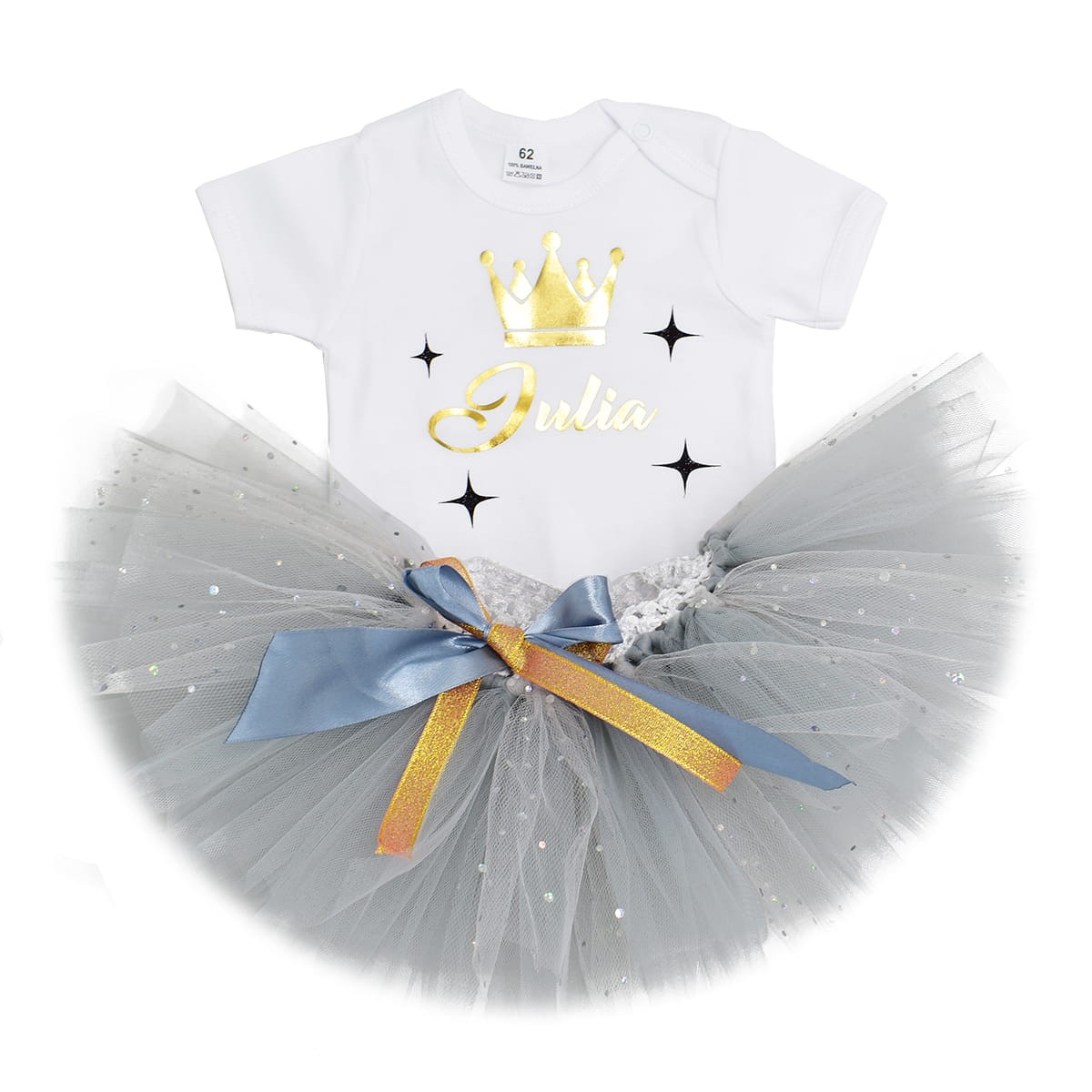 komplet body z spodniczka tiulowa siwa