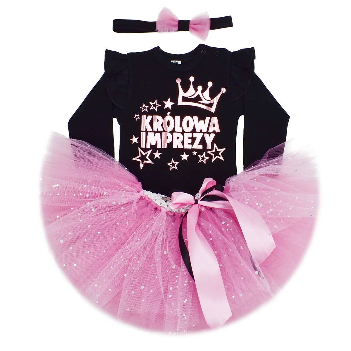 komplet krolowa imprezy roz spodniczka i kokardka tiulowa