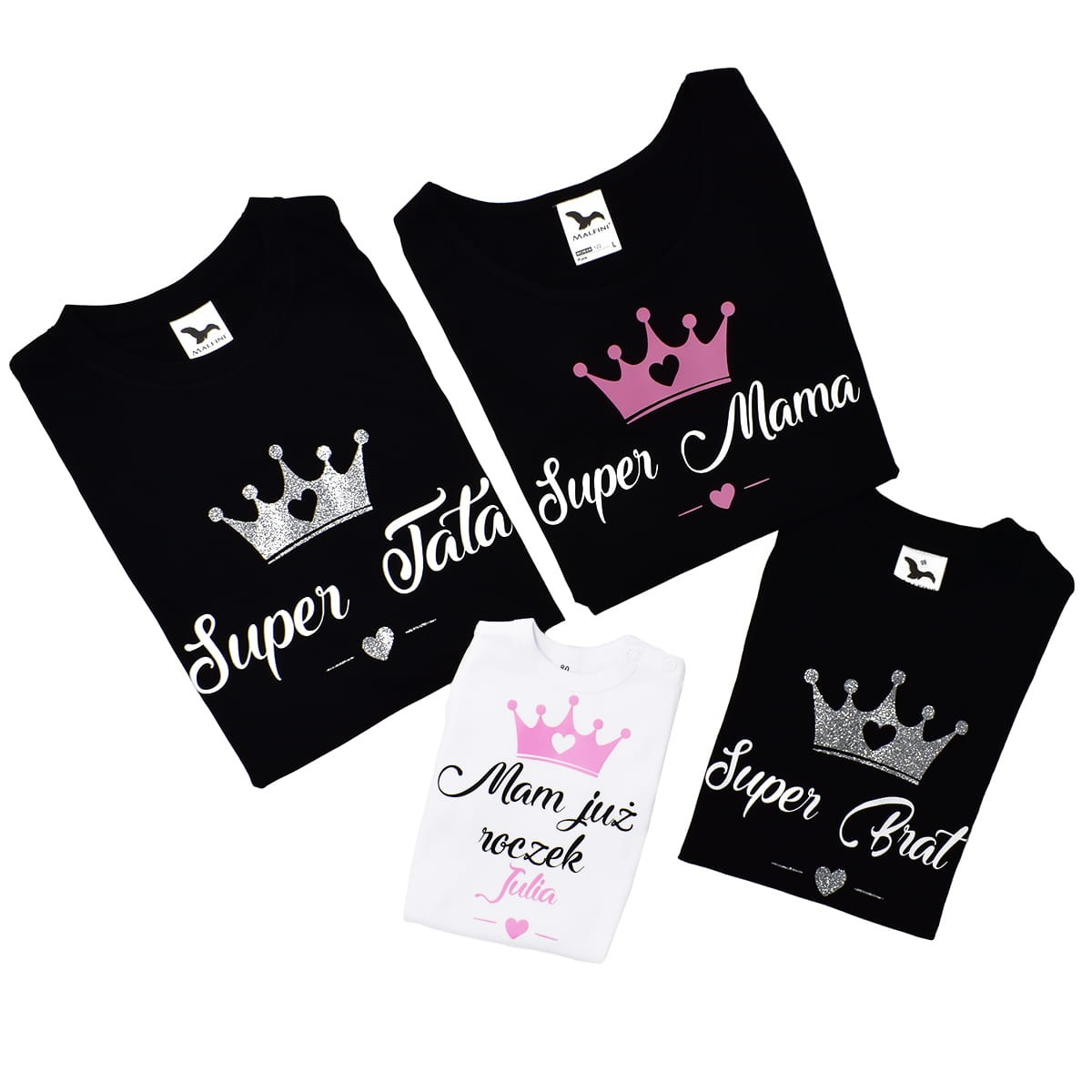 zestaw rodzinny super mama tata brat i mam juz roczek z imieniem