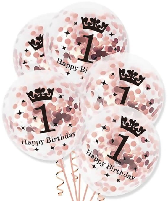 Balony z konfetti na roczek Happy Birthday różowe złoto 6szt