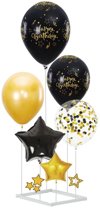 Balony Happy Birthday czarno-złote 6szt. zestaw ze stojakiem DIY