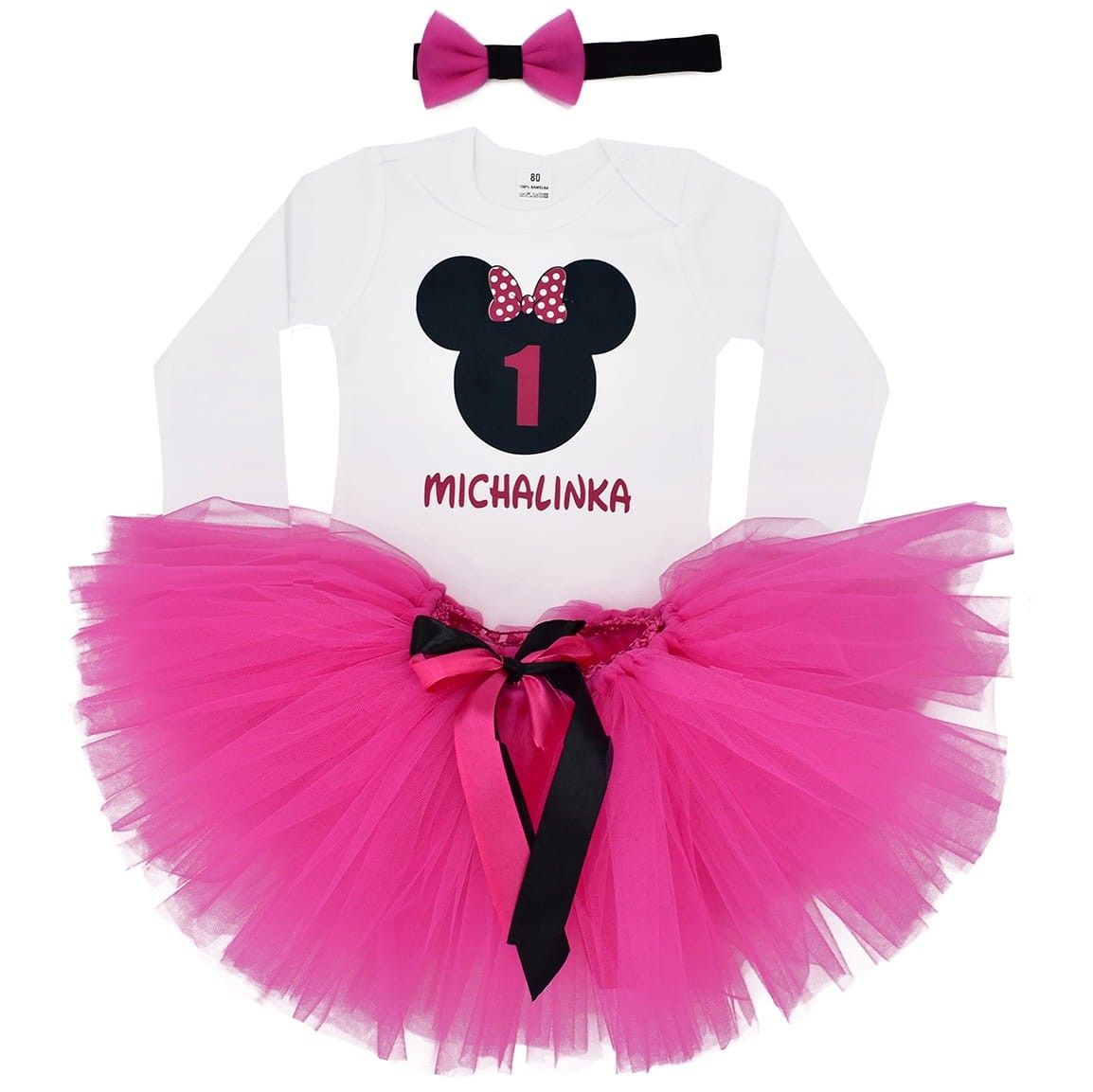 Komplet na roczek - myszka z kokardką i spódniczką tutu