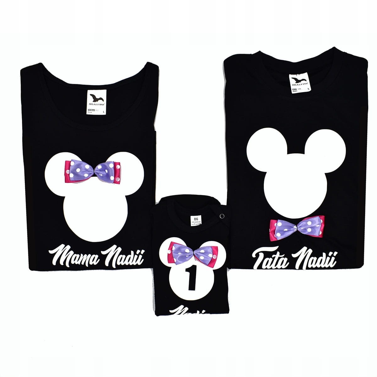 Zestaw koszulek mama tata córka biała myszka