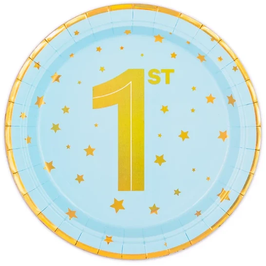 Talerzyk papierowy niebieski w złote gwiazdki Roczek 21cm 6szt