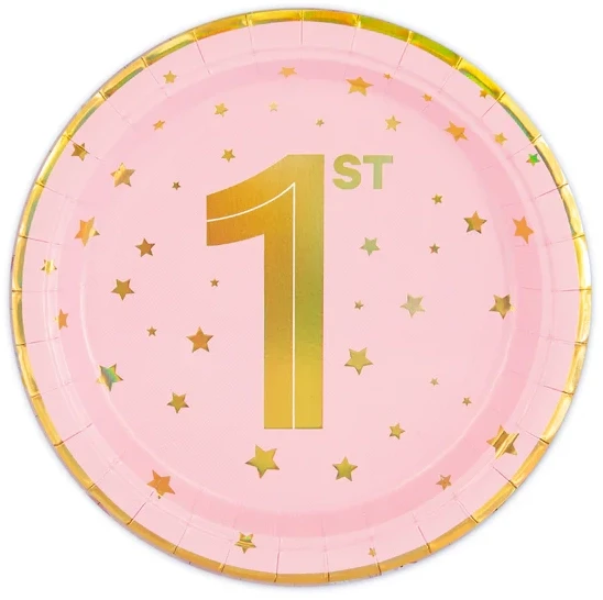 Talerzyk papierowy różowy w złote gwiazdki Roczek 18cm 6szt