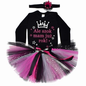 Komplet urodzinowy ALE SZOK MAM JUŻ ROK - fuksja, czarny i szary