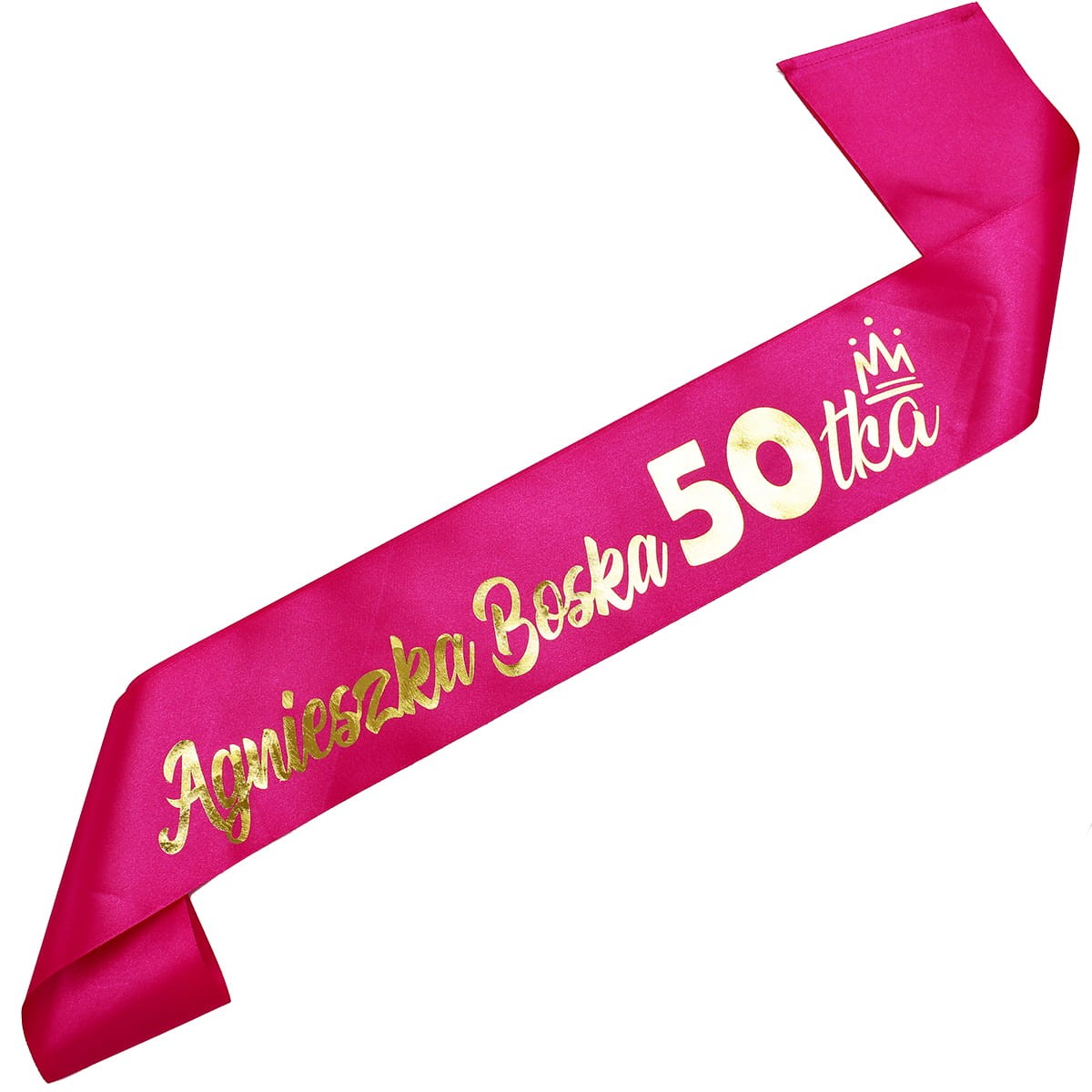 Boska 50-tka + imię - różowa szarfa ze złotym nadrukiem