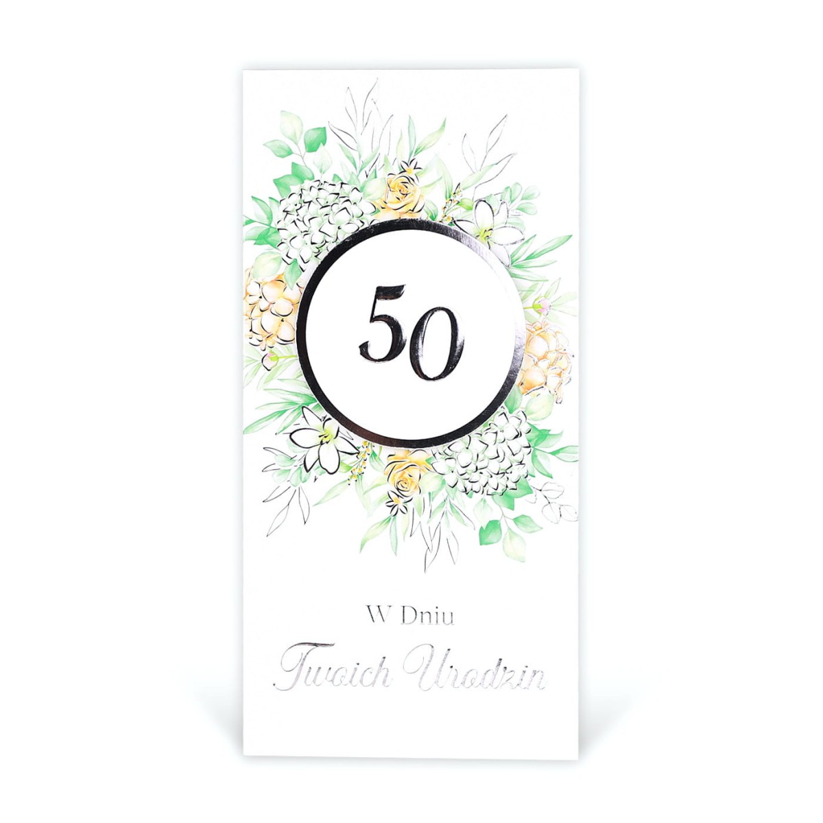 Kartka na 50 urodziny - zielone kwiaty