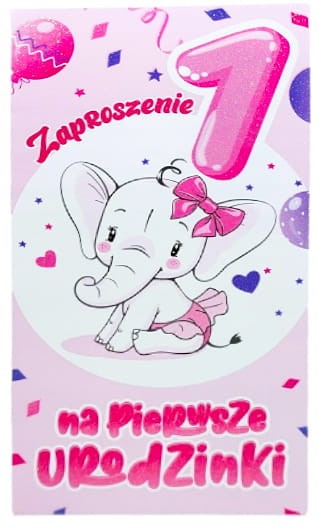 Zaproszeniena na roczek - ze słonikiem różowe