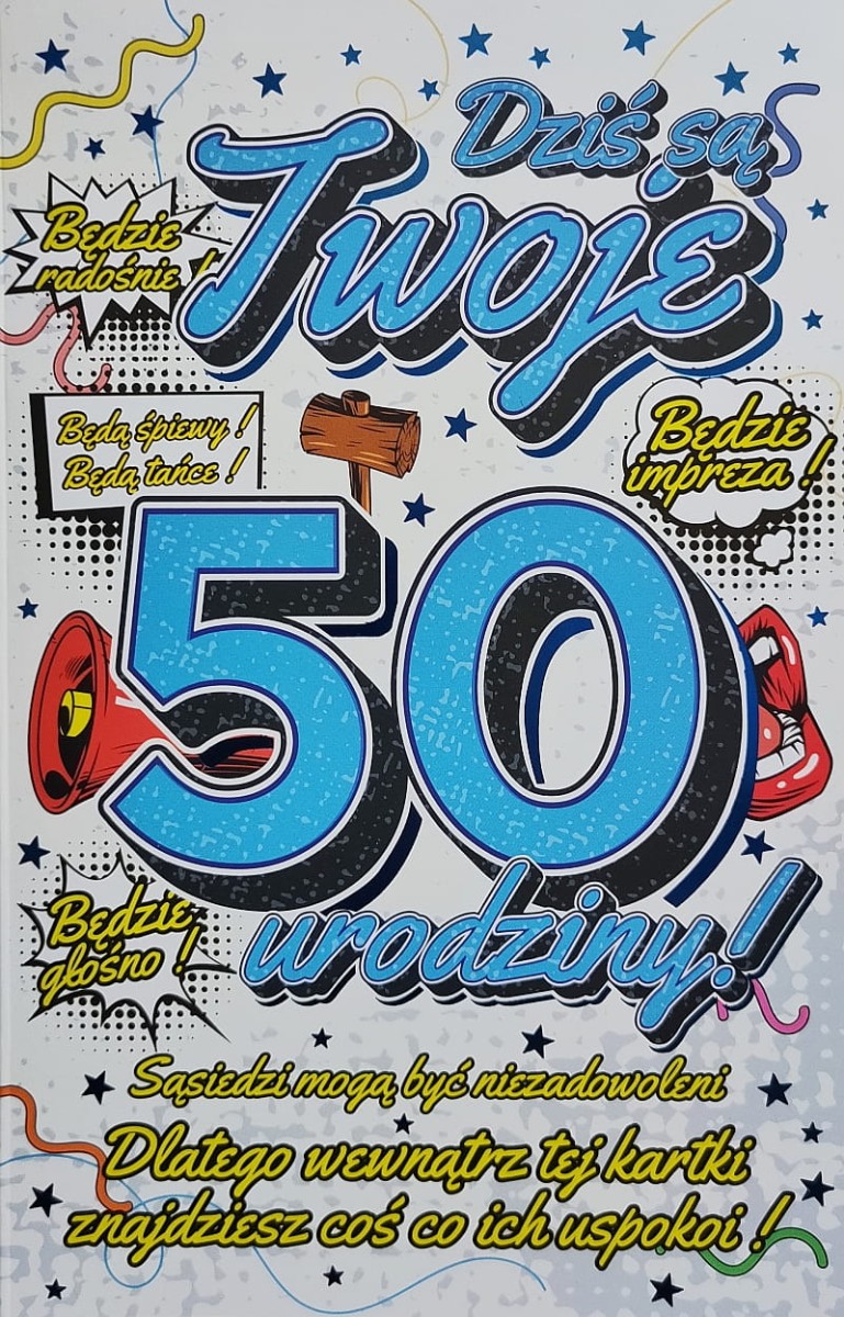 Kartka urodzinowa –50 urodziny, zawieszka, niebieska