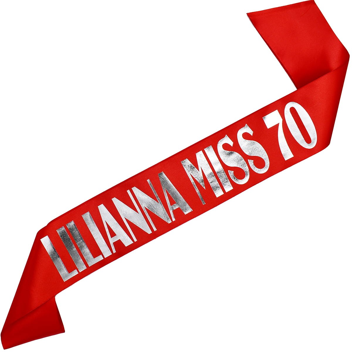 Miss 70 + imię - czerwona szarfa ze srebrnym nadrukiem
