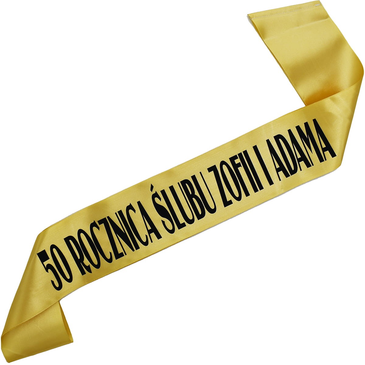 50 rocznica ślubu + imiona jubilatów.jpg50 rocznica ślubu + imiona- złota szarfa z czarnym nadrukiem