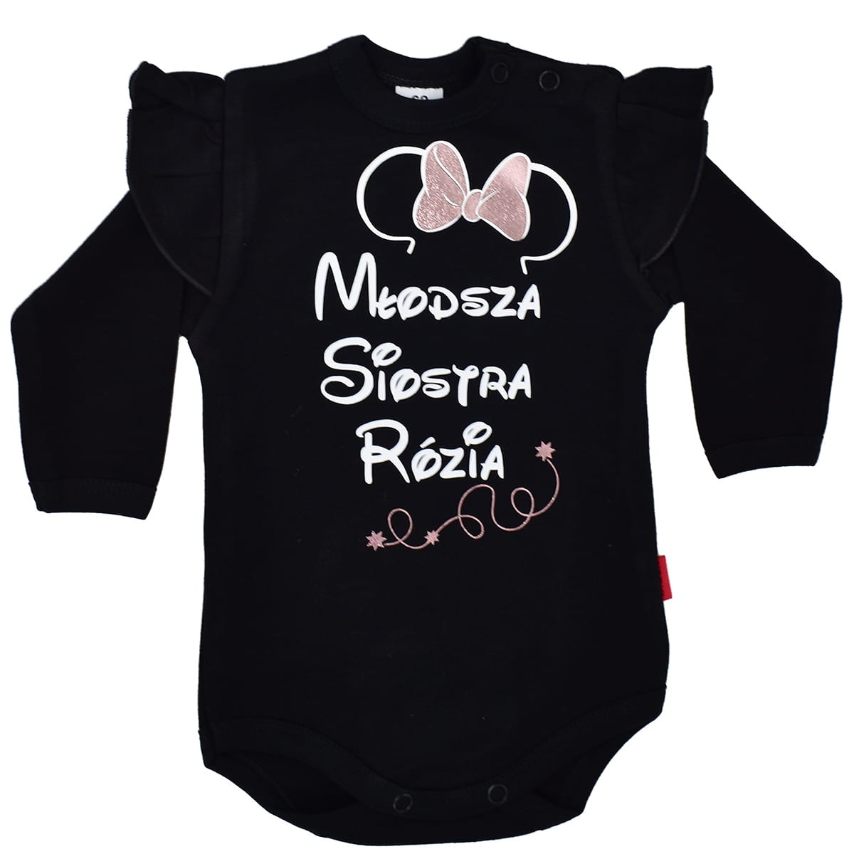 Młodsza siostra z myszką - body z falbanką i imieniem