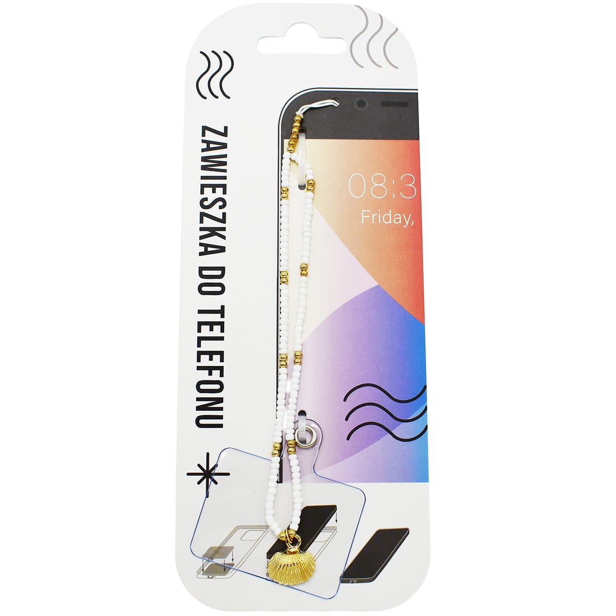 Zawieszka do telefonu - Biało - złota ze złotą muszelką 028