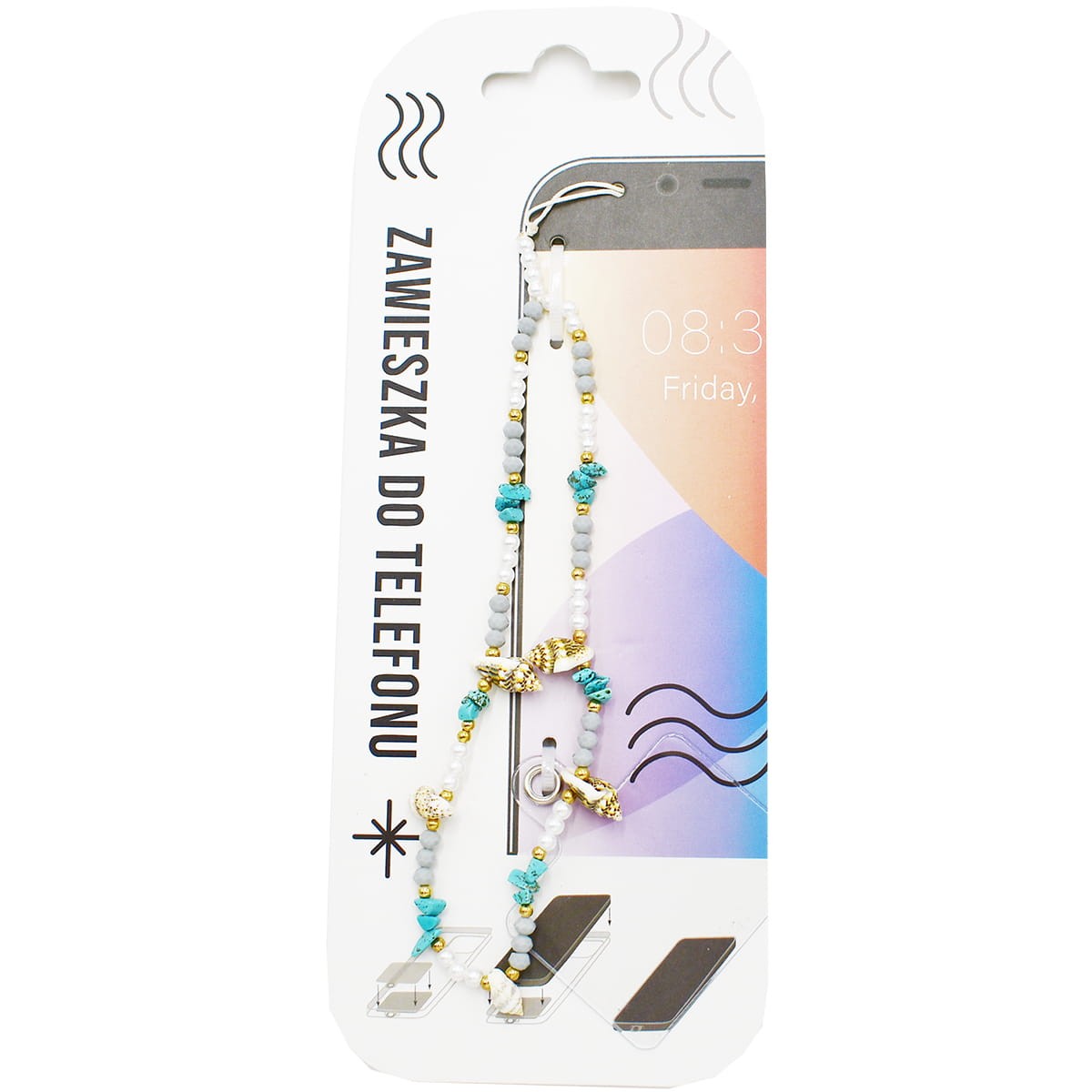Zawieszka do telefonu - Szaro - turkusowa z muszelkami 035