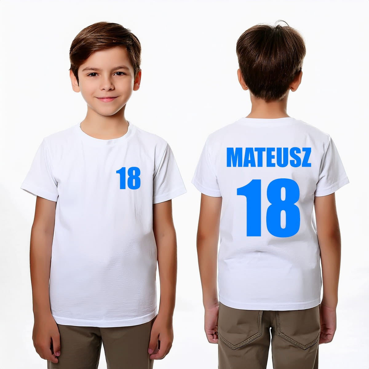 Koszulka z cyfrą od 10 do 99 z przodu i z tyłu oraz imieniem dziecka - biała z niebieskim nadrukiem