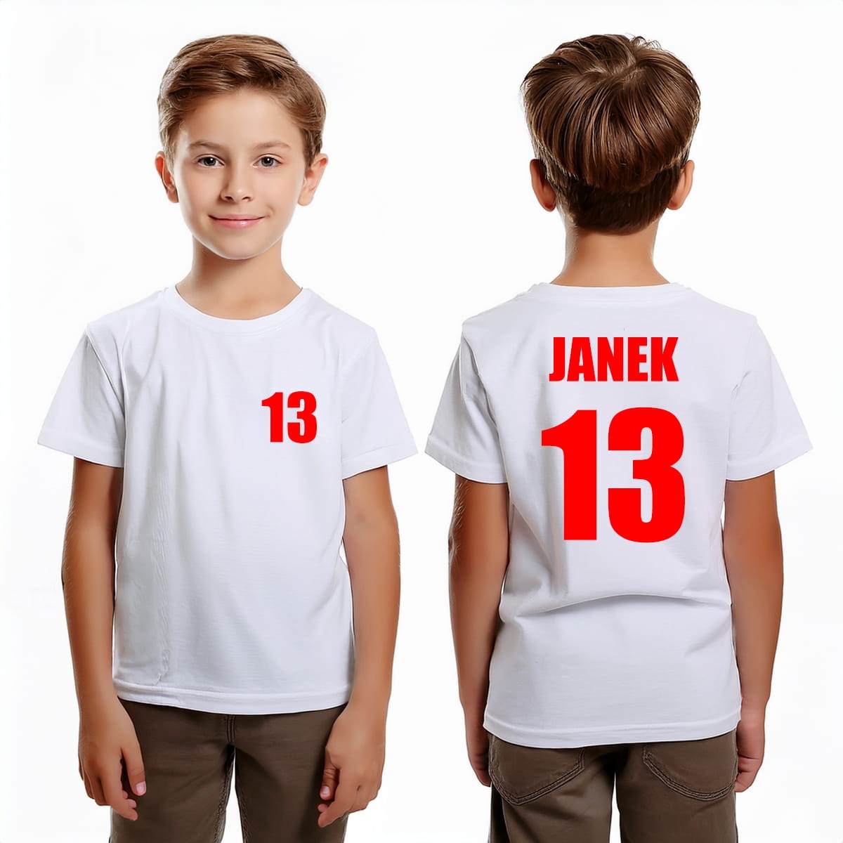 Koszulka z cyfrą od 10 do 99 z przodu i z tyłu oraz imieniem dziecka - biała z czerwonym nadrukiem
