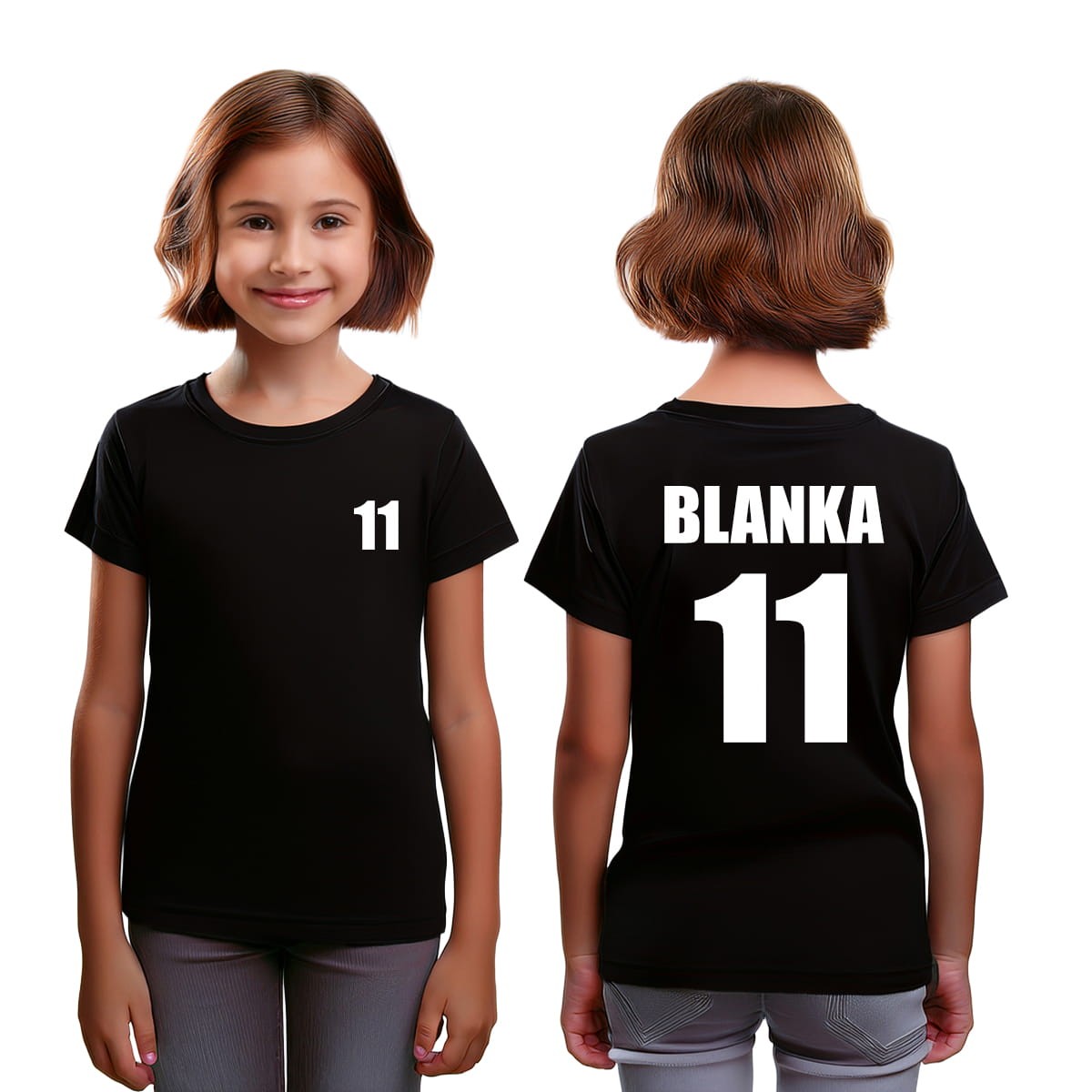 Koszulka z cyfrą od 10 do 99 z przodu i z tyłu oraz imieniem dziecka - czarna z białym nadrukiem