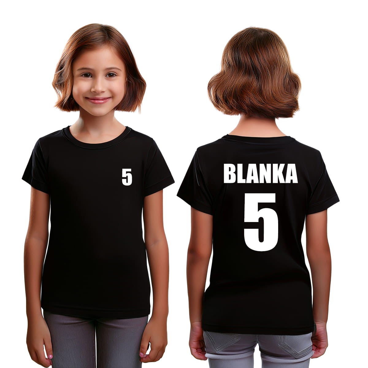 Koszulka z cyfrą od 0 do 9 z przodu i z tyłu oraz imieniem dziecka - czarna z białym nadrukiem