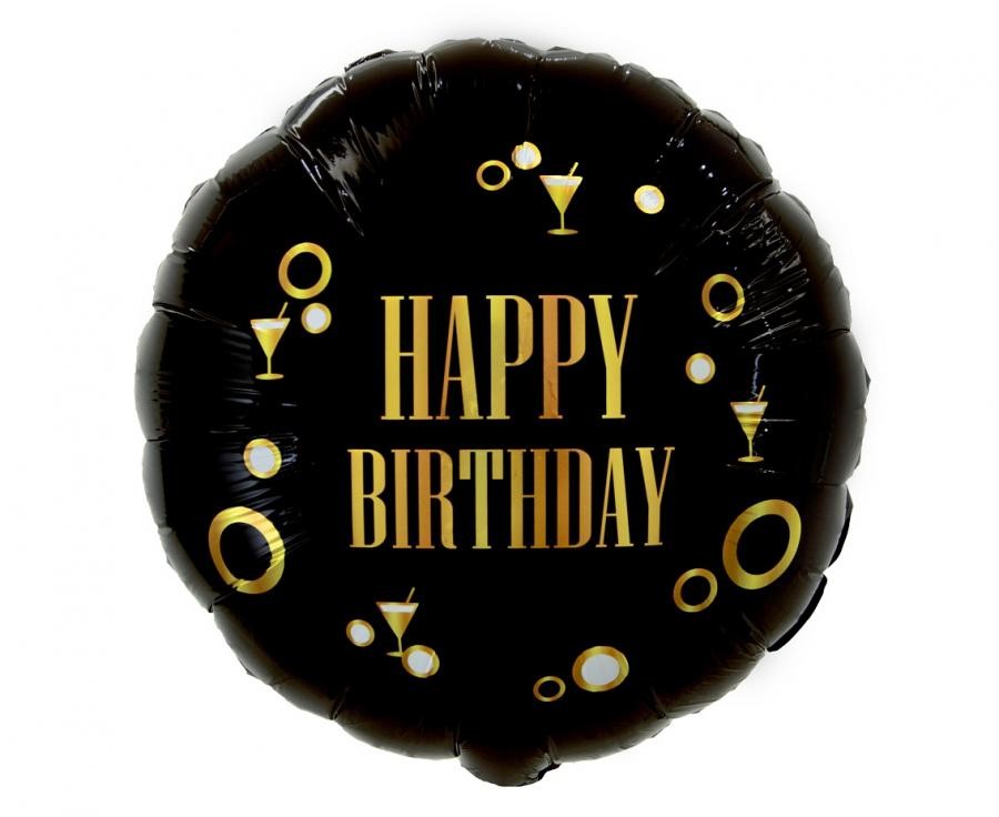 Balon foliowy Happy Birthday, czarno - złoty , 45cm