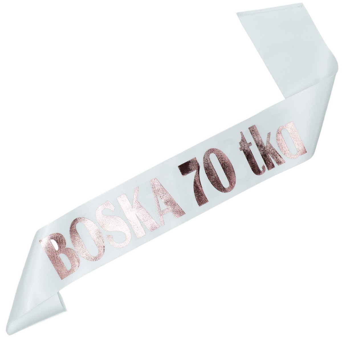 Boska 70tka - biała szarfa z różowozłotym nadrukiem