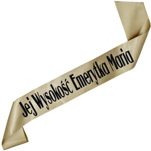 Jej Wysokość Emerytka z imieniem starozłota szarfa z czarnym nadrukiem