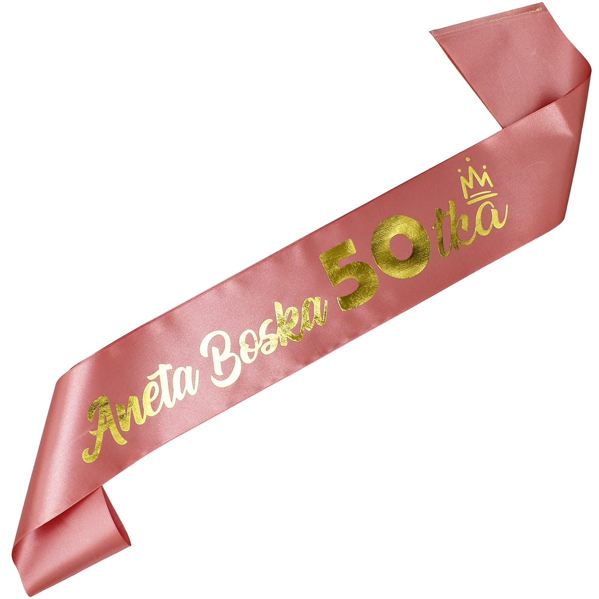 Boska 50-tka + imię - różowozłota szarfa ze złotym nadrukiem