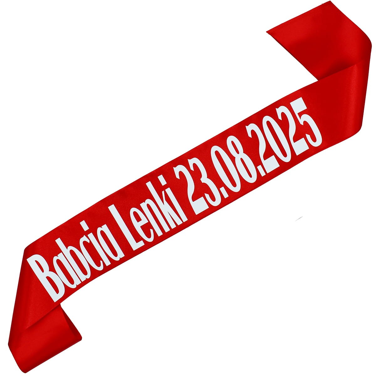 Babcia z imieniem wnuka + data - czerwona szarfa z białym nadrukiem