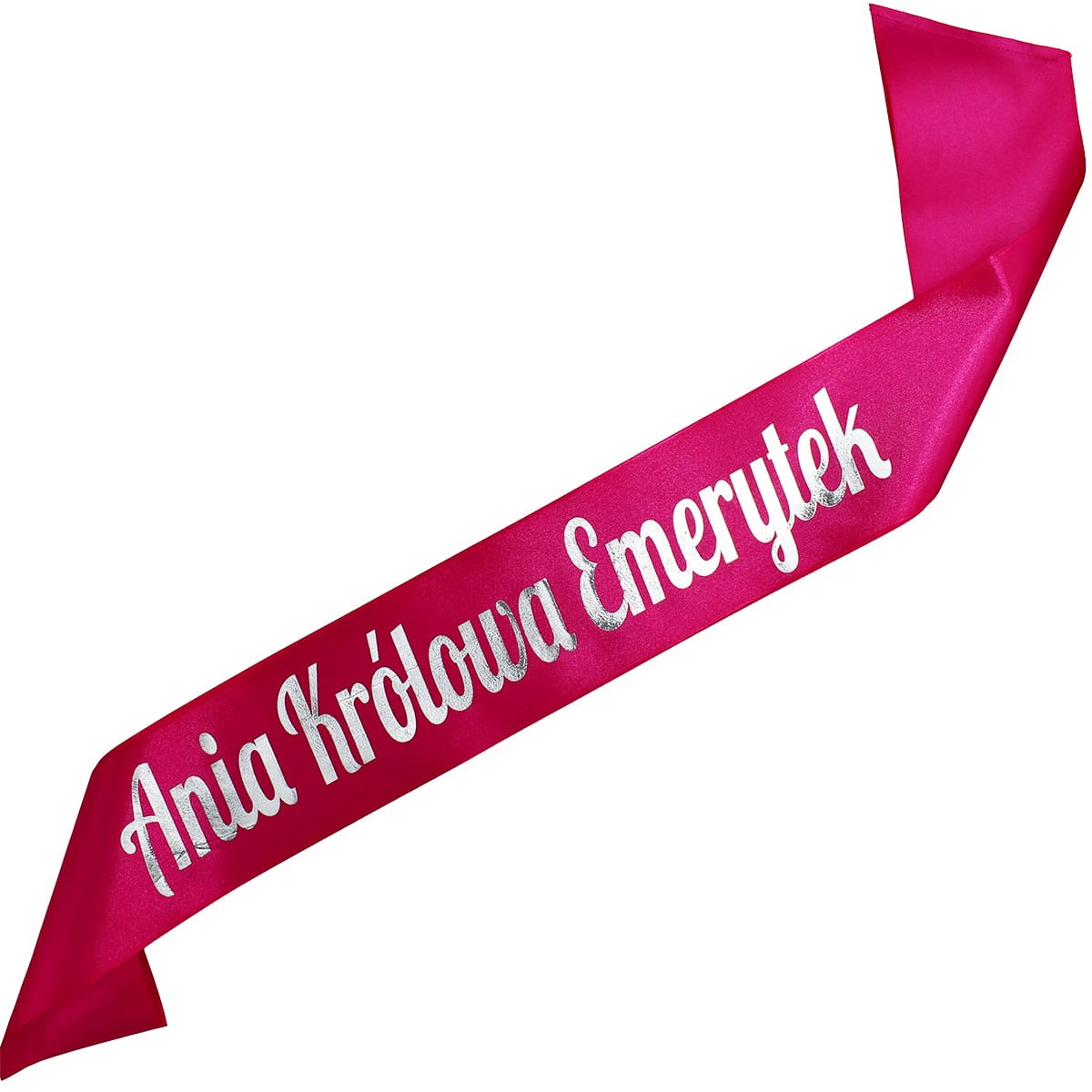 Królowa Emerytek + imię - różowa szarfa ze srebrnym nadrukiem