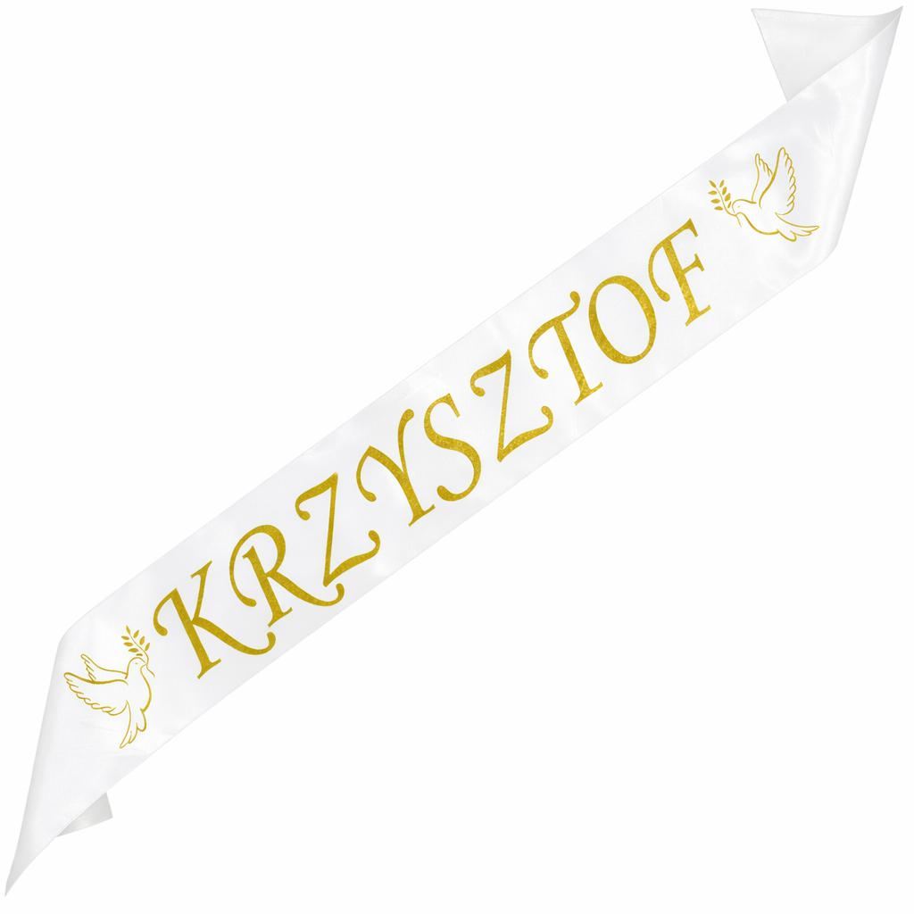 Szarfa na Bierzmowanie z dowolnym imieniem - biała ze złotym nadrukiem