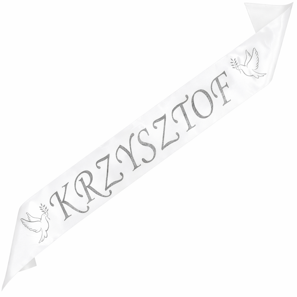 Szarfa na Bierzmowanie z dowolnym imieniem - biała z srebrnym nadrukiem