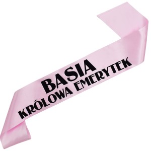 Królowa emerytek + imię - jasnoróżowa szarfa z czarnym nadrukiem