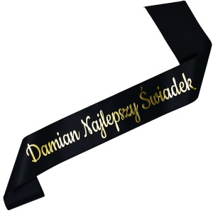 Najlepszy Świadek + imię - czarna szarfa ze złotym nadrukiem