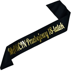 Przebojowy 18-latek + imię - czarna szarfa ze złotym nadrukiem