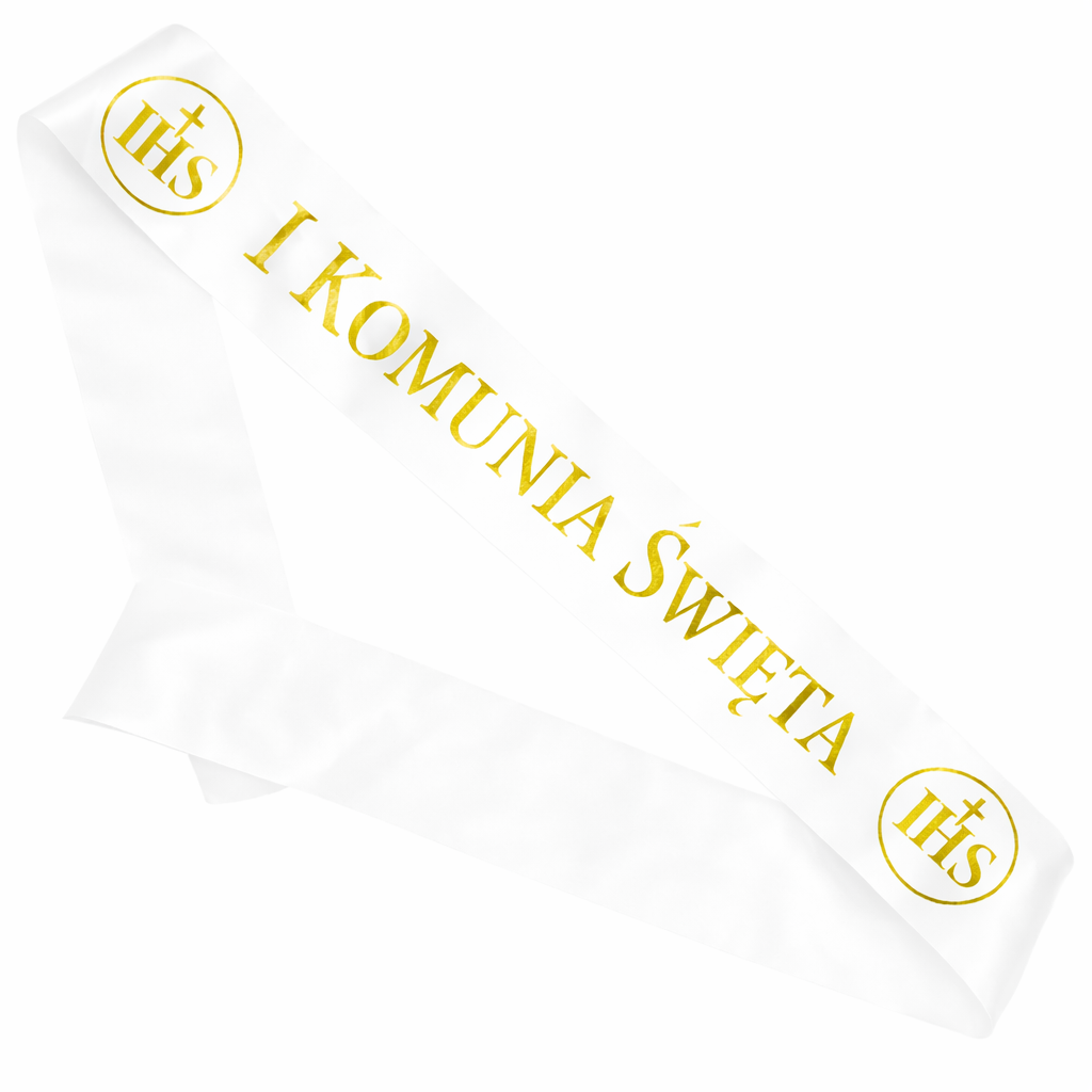 Szarfa dekoracyjna - I Komunia Święta - biała ze złotym nadrukiem