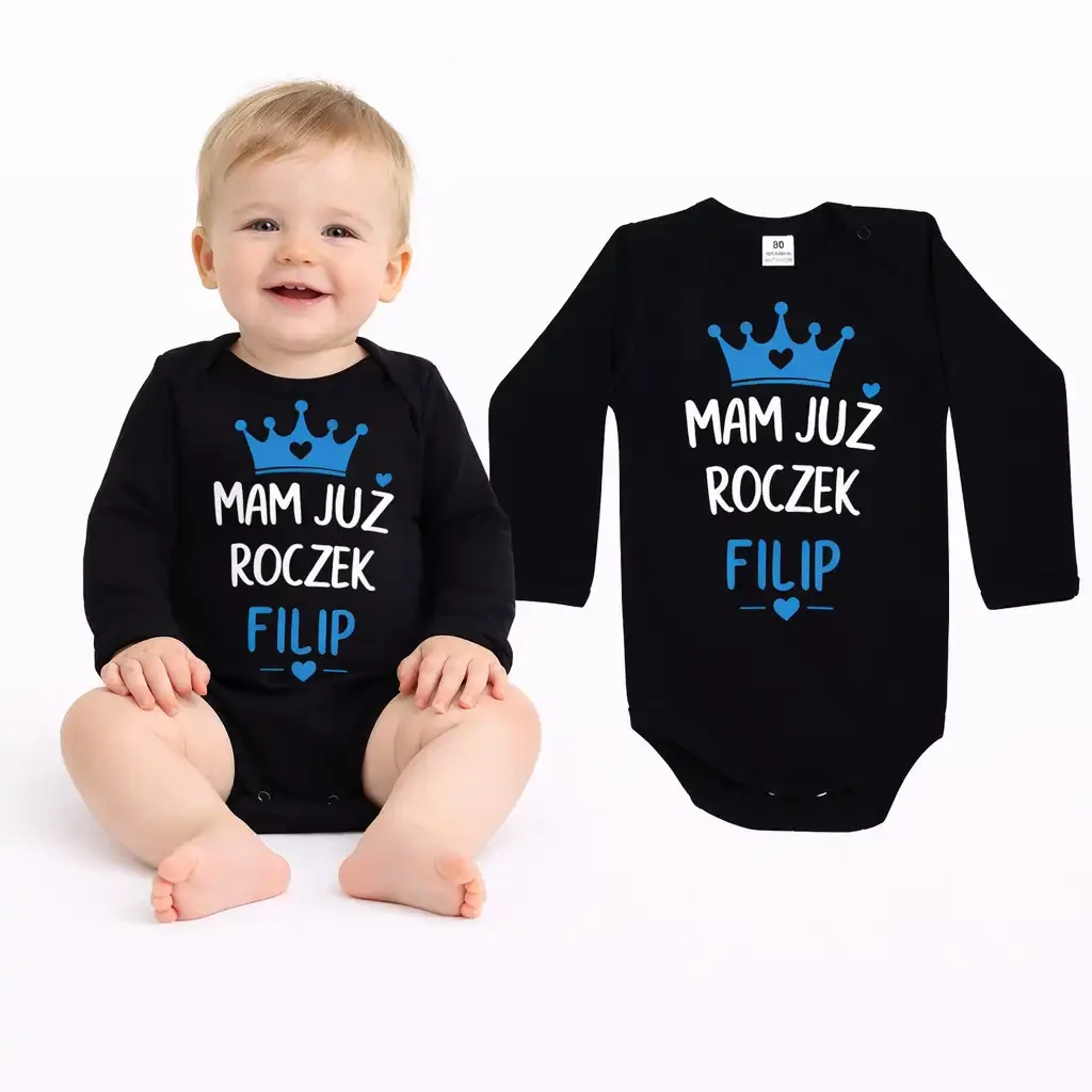 Body mam już roczek z imieniem dziecka. Body w kolorze czarnym