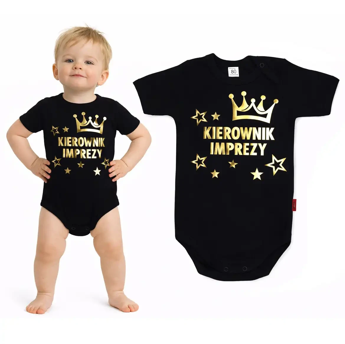 kierownik imprezy, chłopiec w czarnym body ze złotym nadrukiem kierownik imprezy