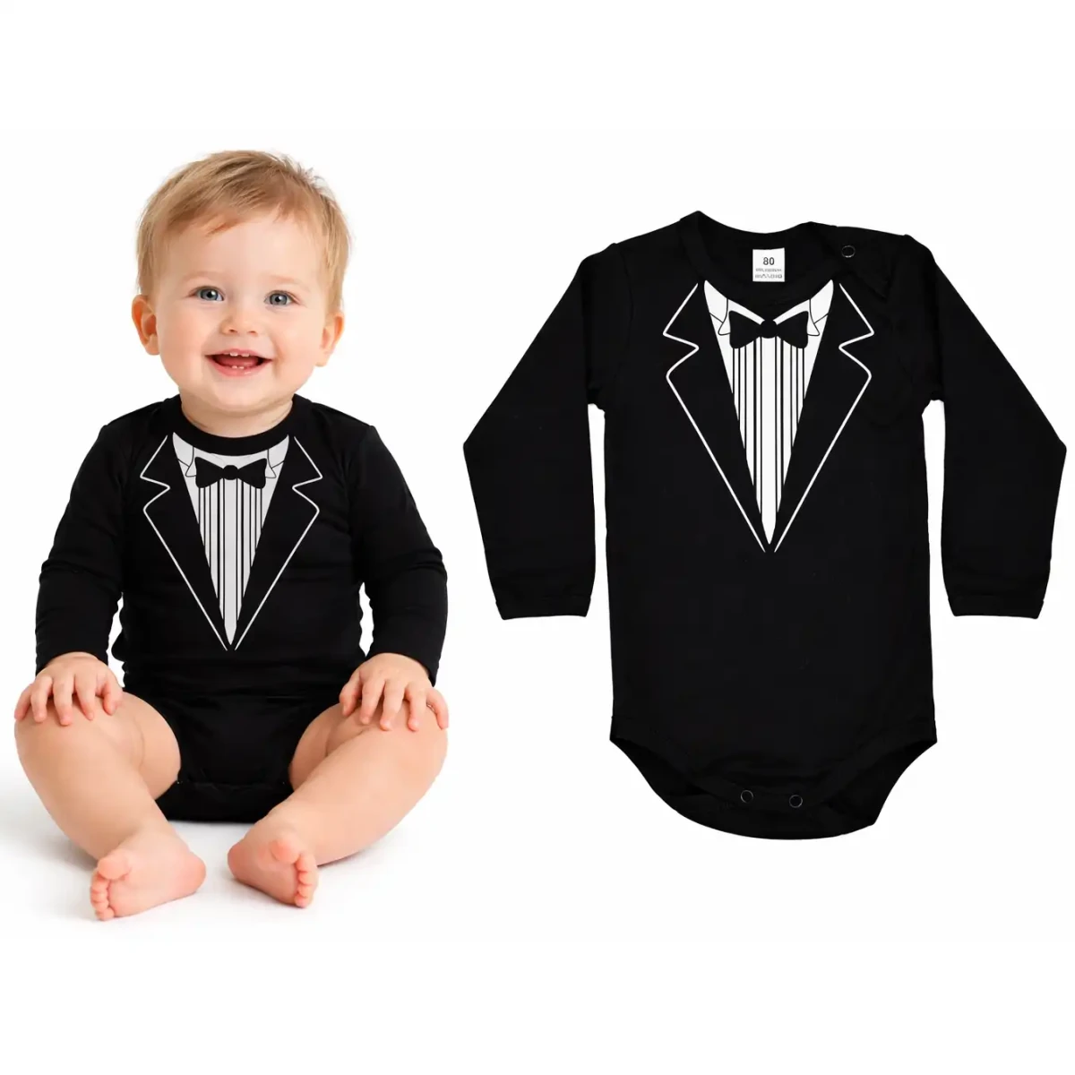 chłopiec ubrany w body dziecięce frak