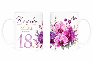 Kubek na 18  urodziny z imieniem - storczyki