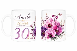 Kubek na 30  urodziny z imieniem - storczyki 