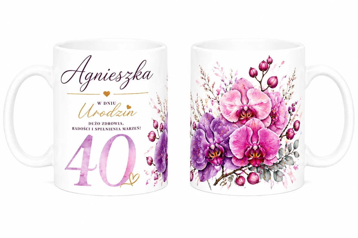 Kubek na 40 urodziny z imieniem - storczyki
