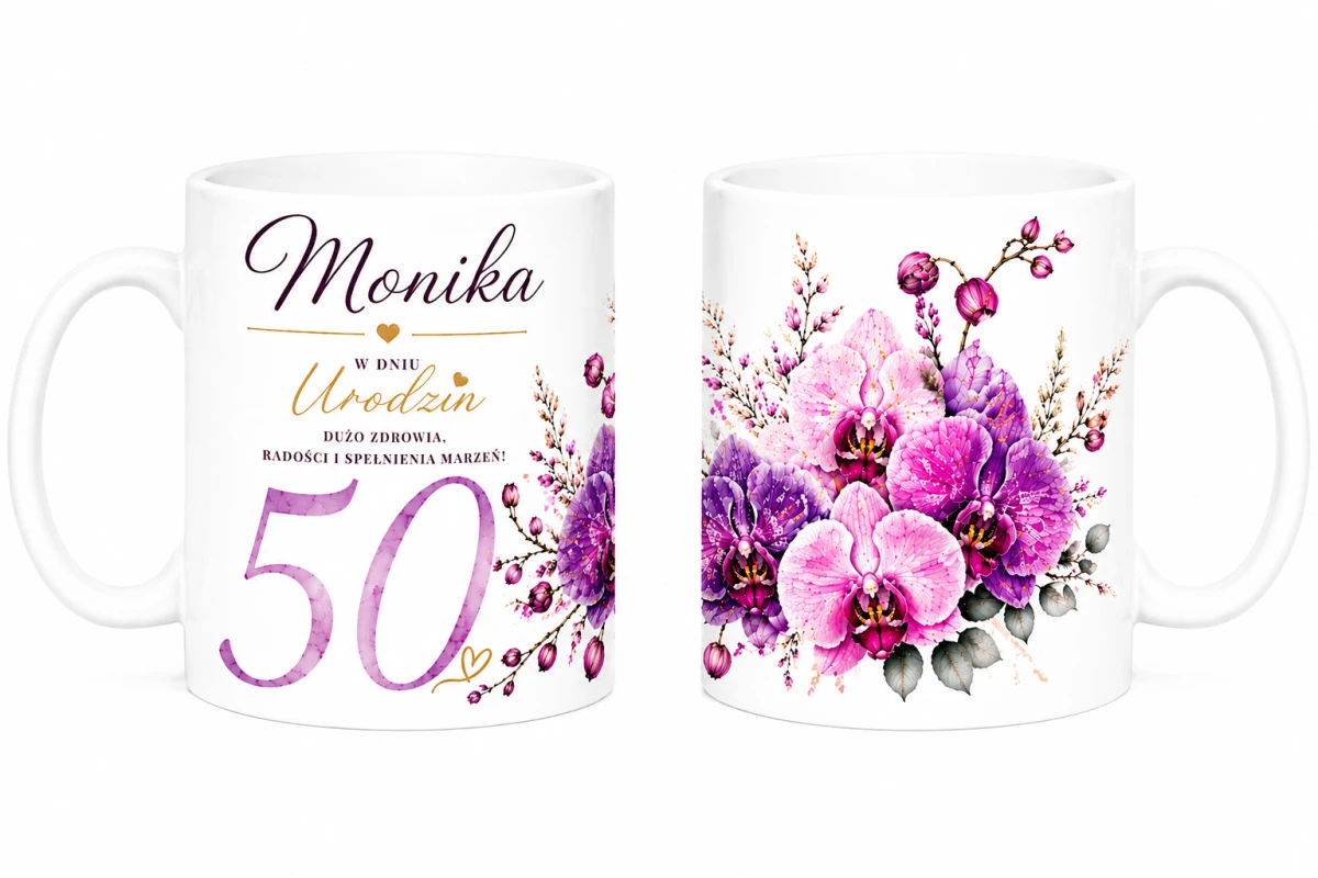 Kubek na 50 urodziny z imieniem - storczyki