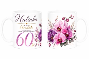 Kubek na 60  urodziny z imieniem - storczyki 