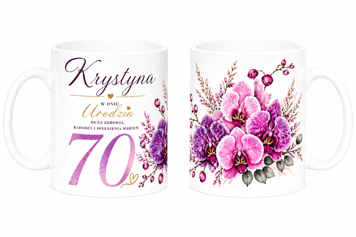 Kubek na 70 urodziny z imieniem - storczyki