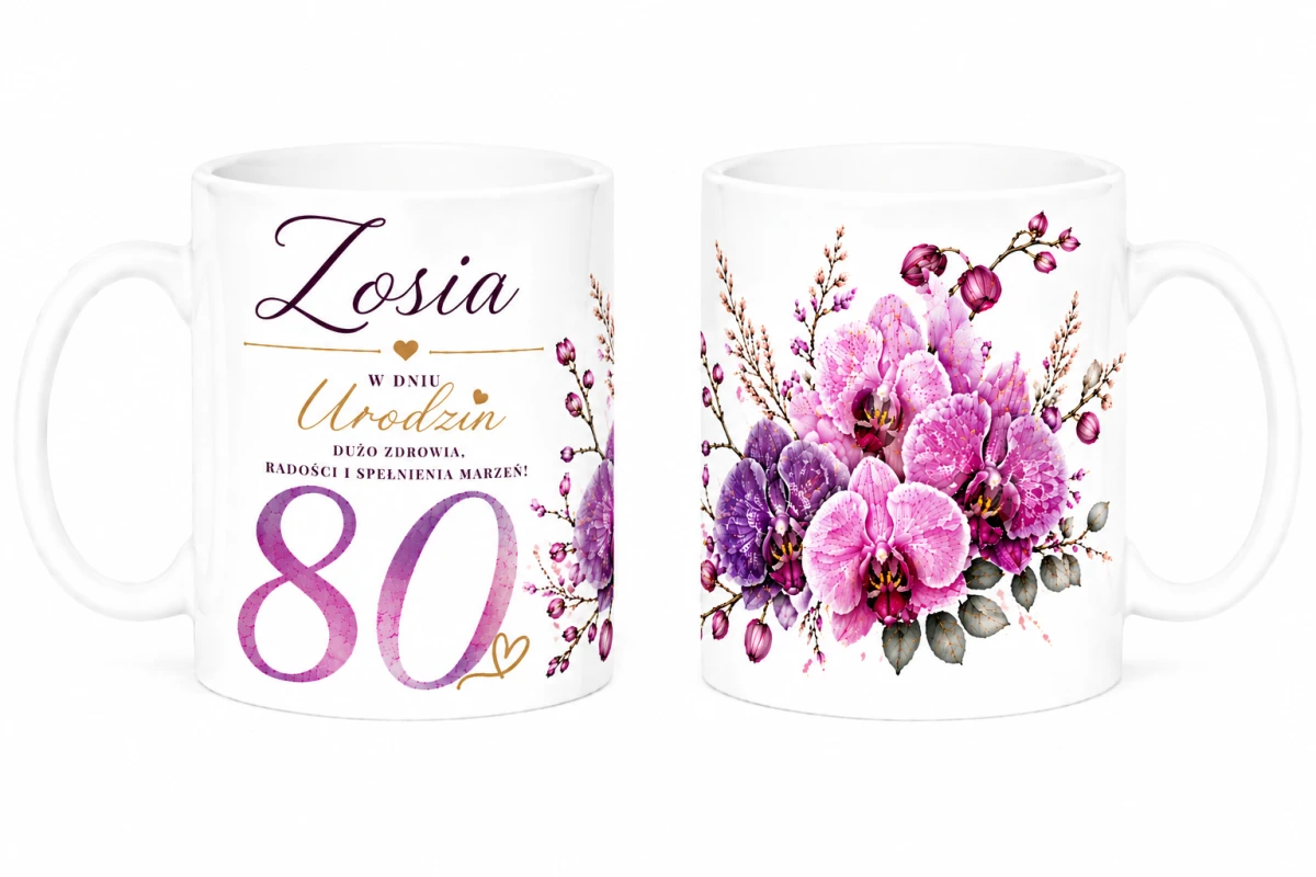 Kubek na 80 urodziny z imieniem - storczyki
