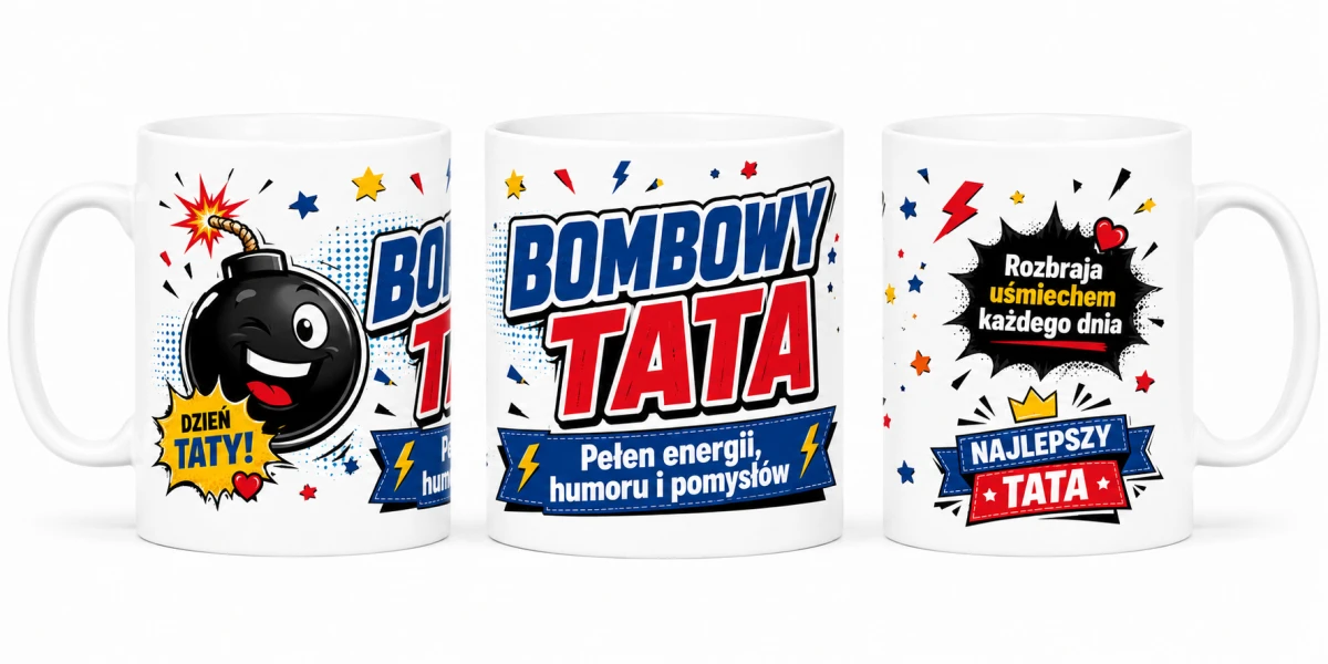 Kubek dla taty Bombowy Tata pełen energii z kolorowym nadrukiem