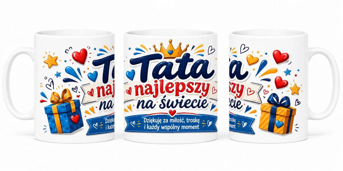 Kubek dla taty Tata najlepszy na świecie z serduszkami i prezentami