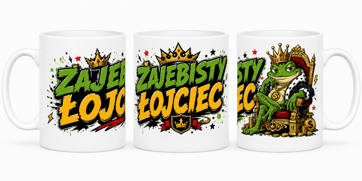 Kubek Zajebisty Łojciec z koroną i komiksowym napisem dla taty