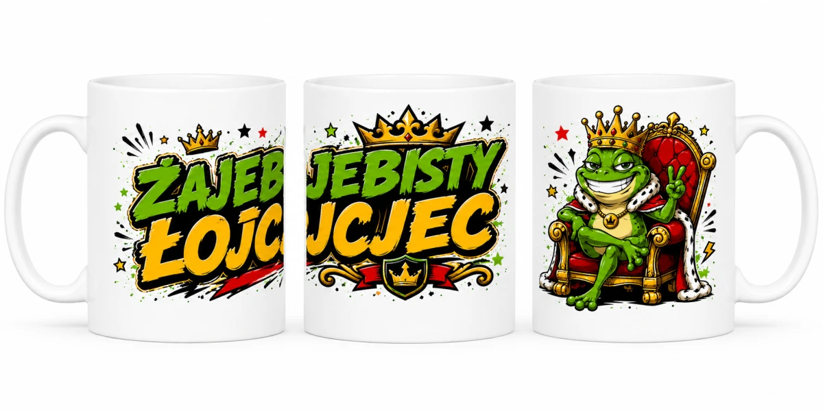 Kubek Zajebisty Ojciec z żabą w koronie na tronie
