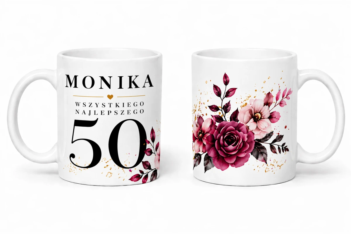Personalizowany kubek na 50 urodziny z imieniem i motywem bordowe kwiaty